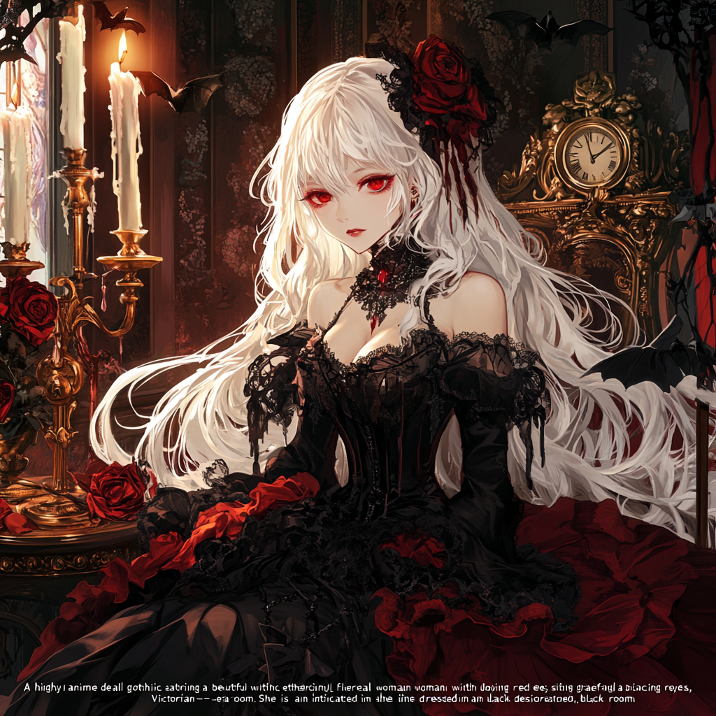 Gothic Anime Illustration: Ethereal Woman in Victorian Room