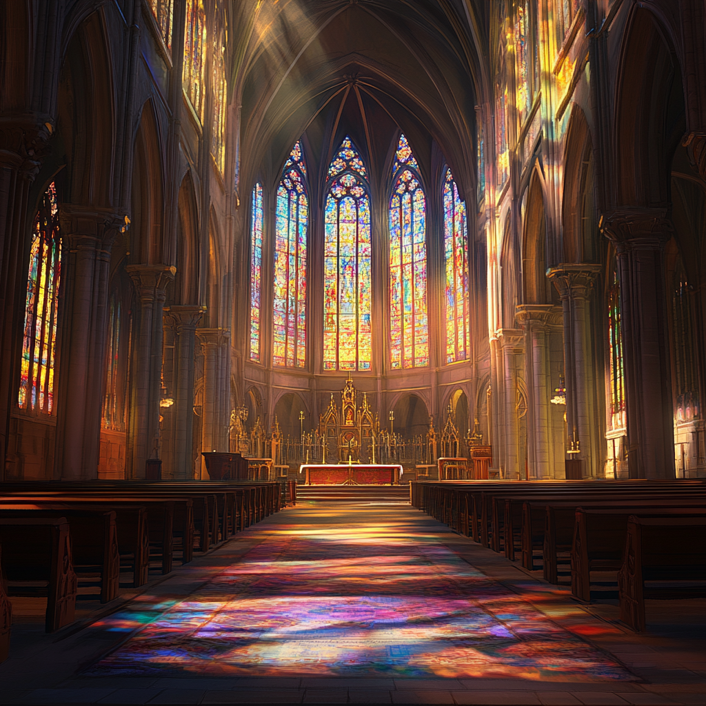 Gothic Cathedral Interior with Stained Glass Windows and Pews