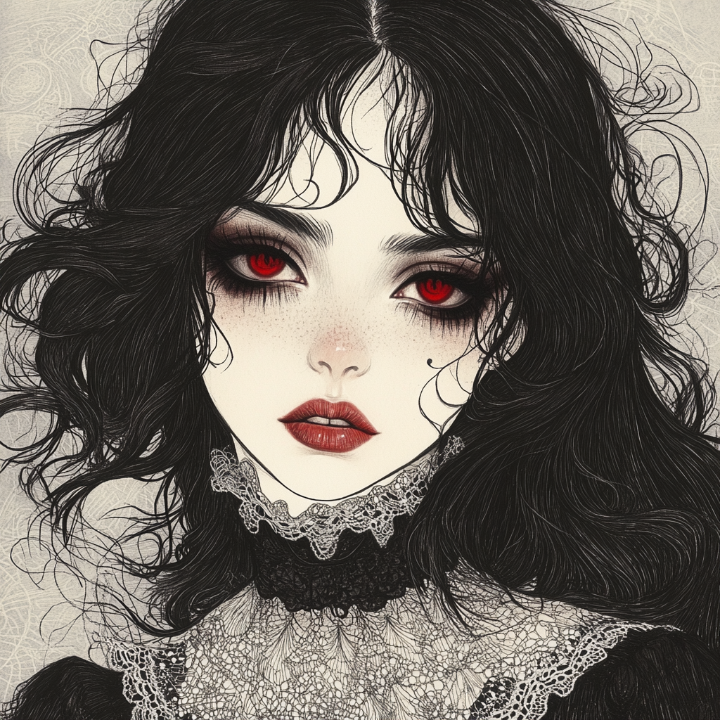 Gothic Girl with Tousled Hair and Red Eyes