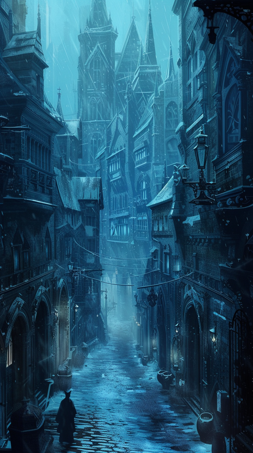 Dark Blue Gothic Victorian Alley Stock Photo