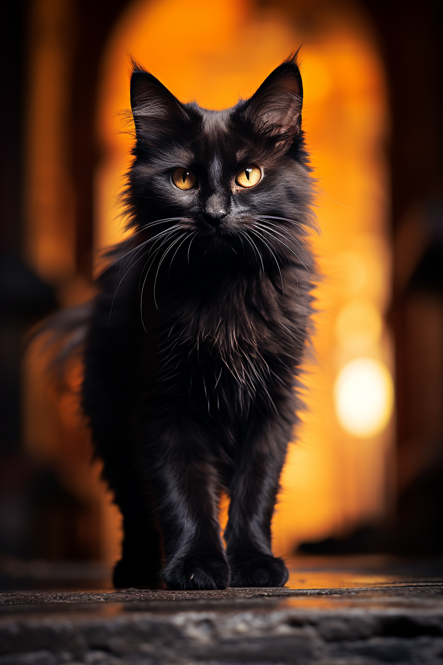 Gothic black cat walking elegantly in dramatic lighting.