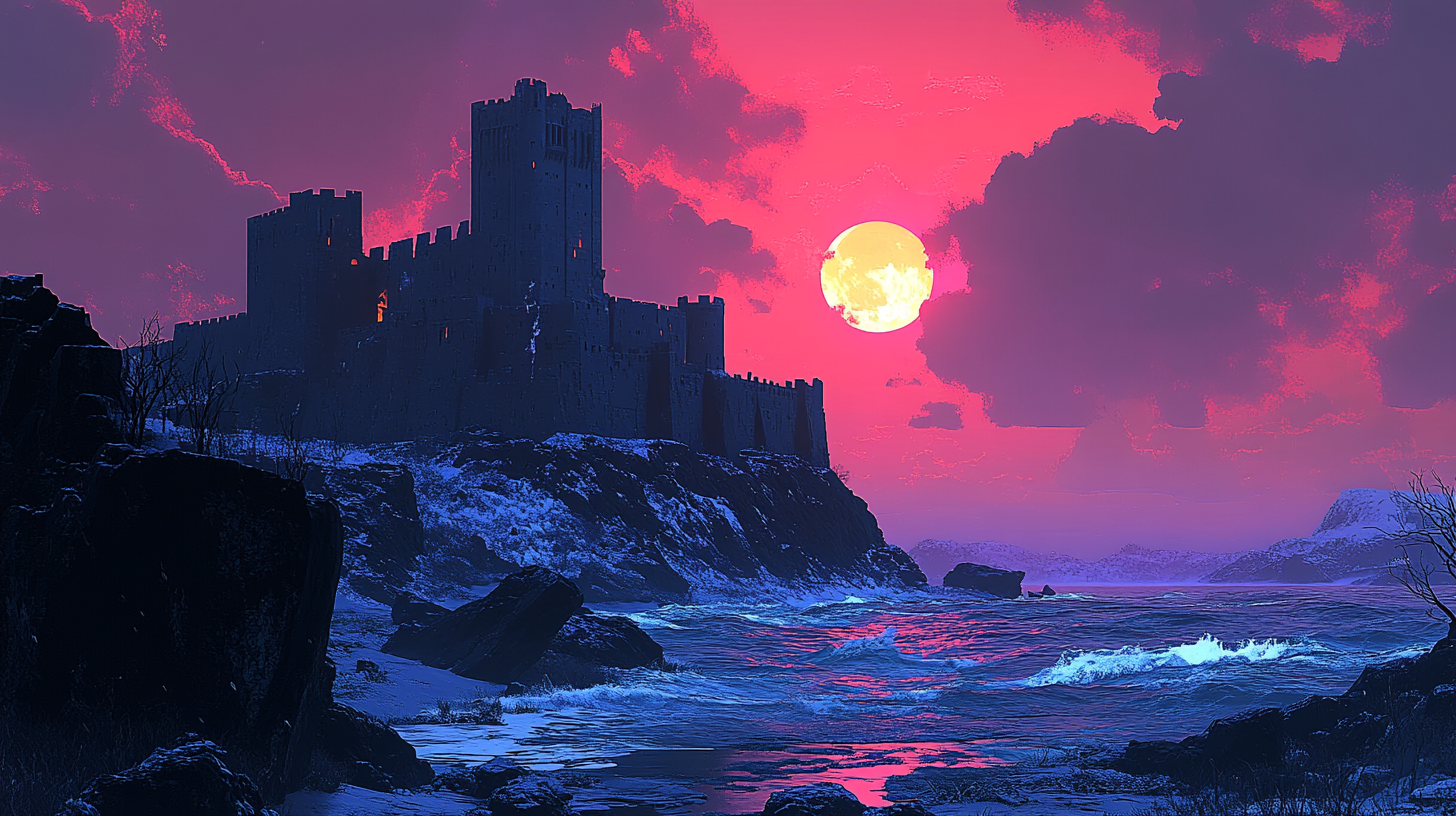 Gothic castle on cliff by turbulent sea.