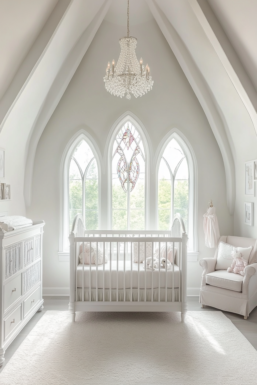 Gothic cathedral-inspired nursery: spire crib, stained glass windows.