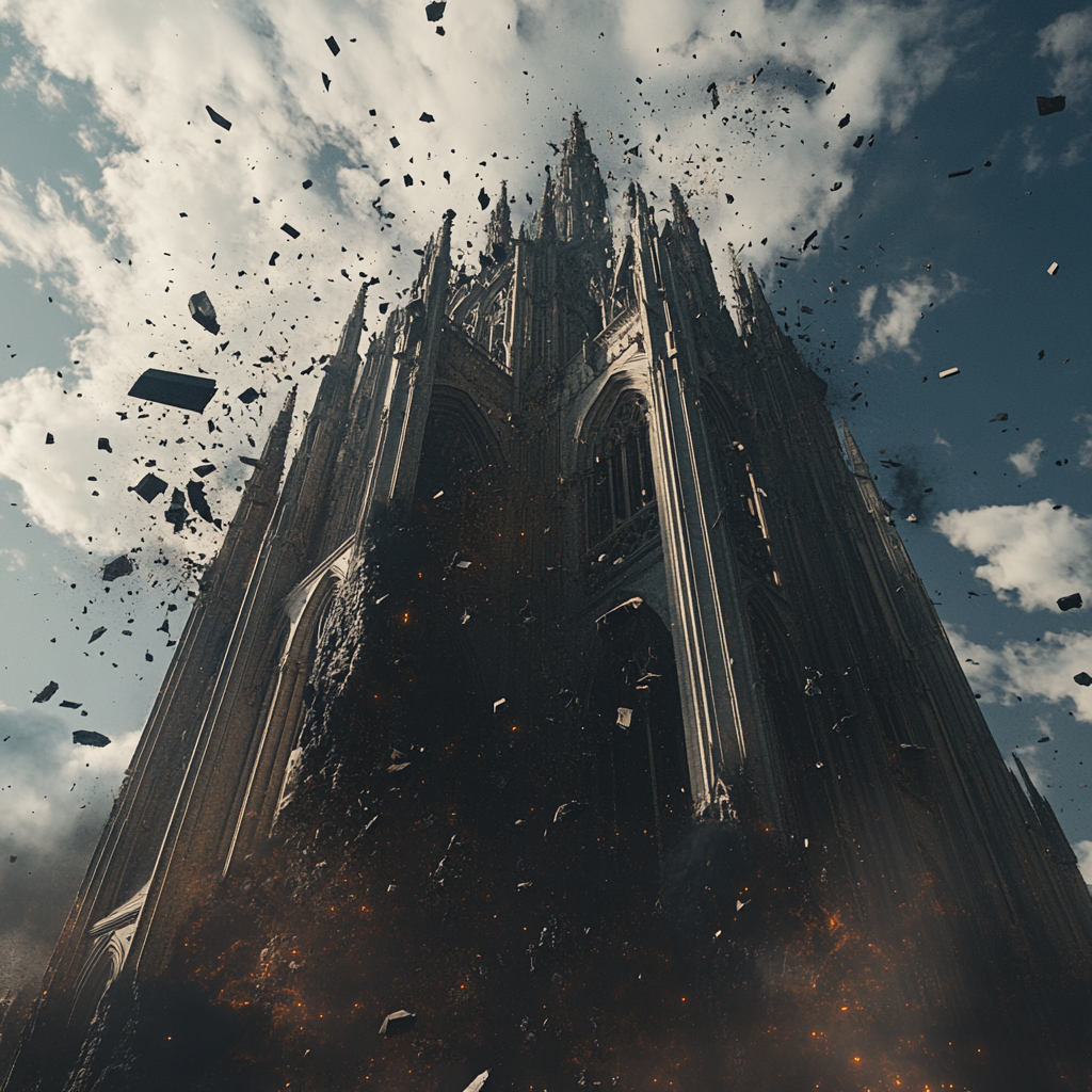 Gothic cathedral levitating above ground, destroyed by shockwaves.