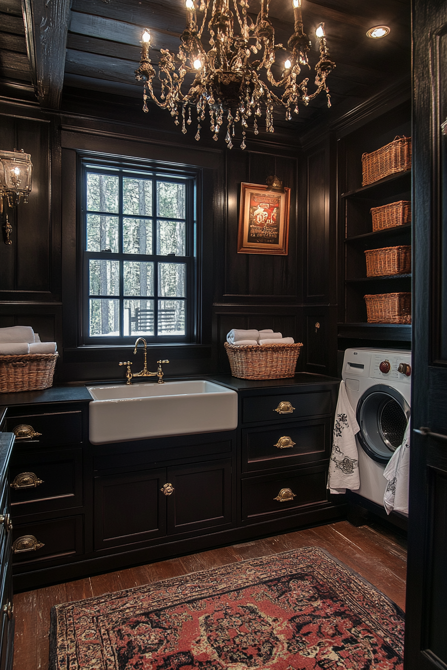 Gothic cowboy laundry room with dark colors and leather.