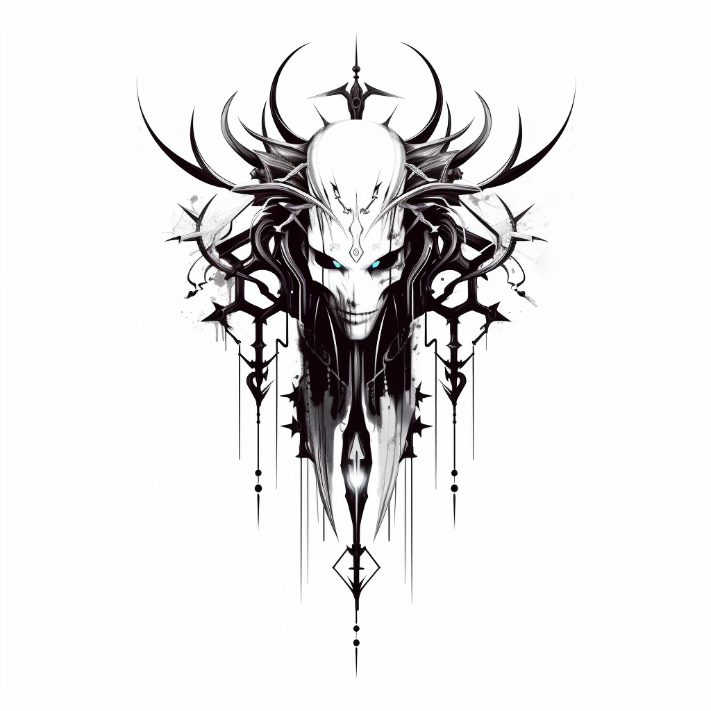 Gothic cyber sigilism tattoo design on white background.