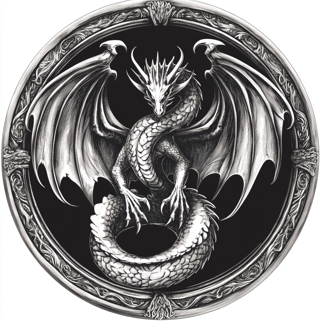 Gothic dragon art in black and white vector style.