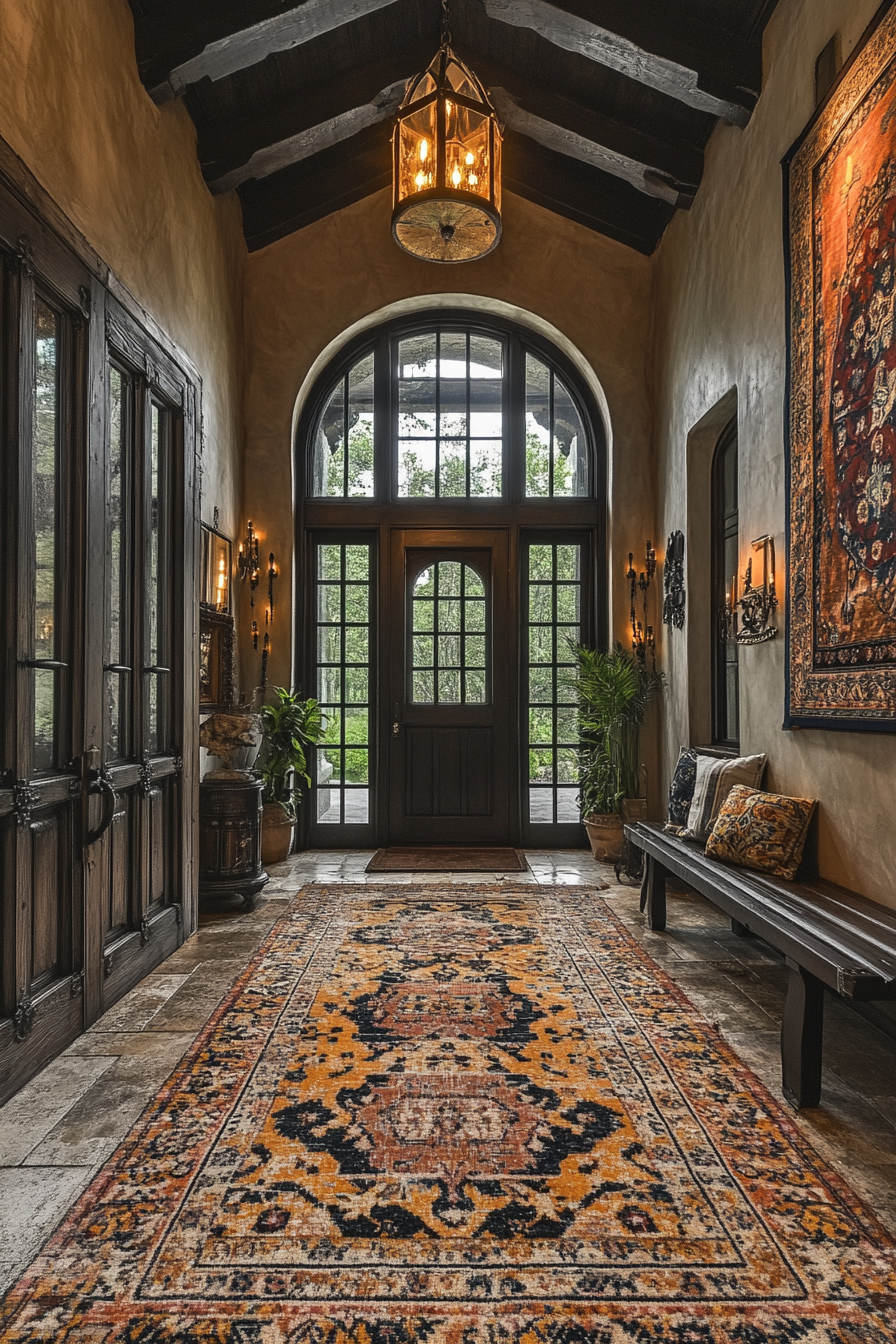 Gothic entryway with swinging pendulum pendants and rich tapestries.