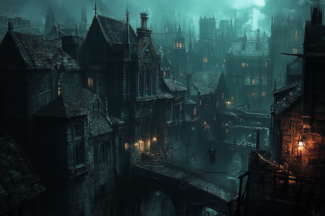 Gothic evil town with horror art style details.