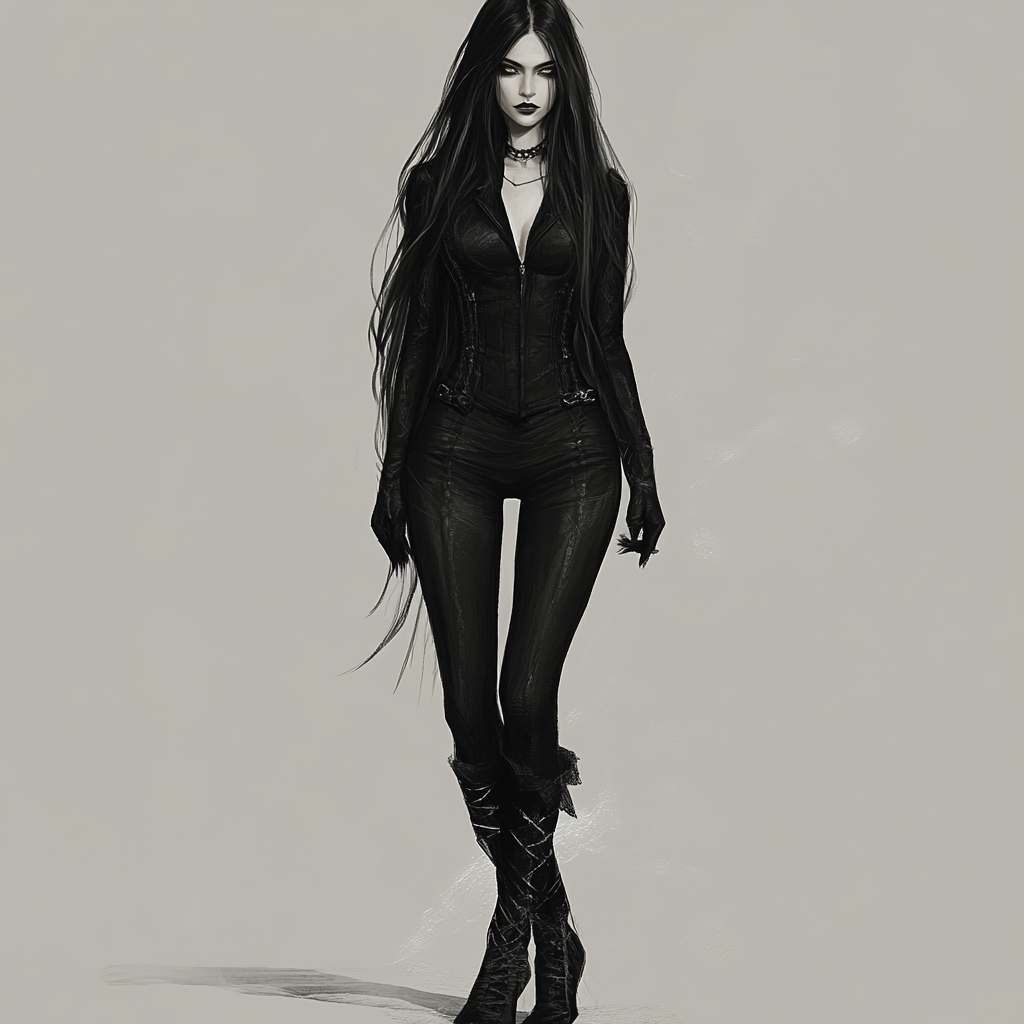 Gothic female vampire with long black hair.