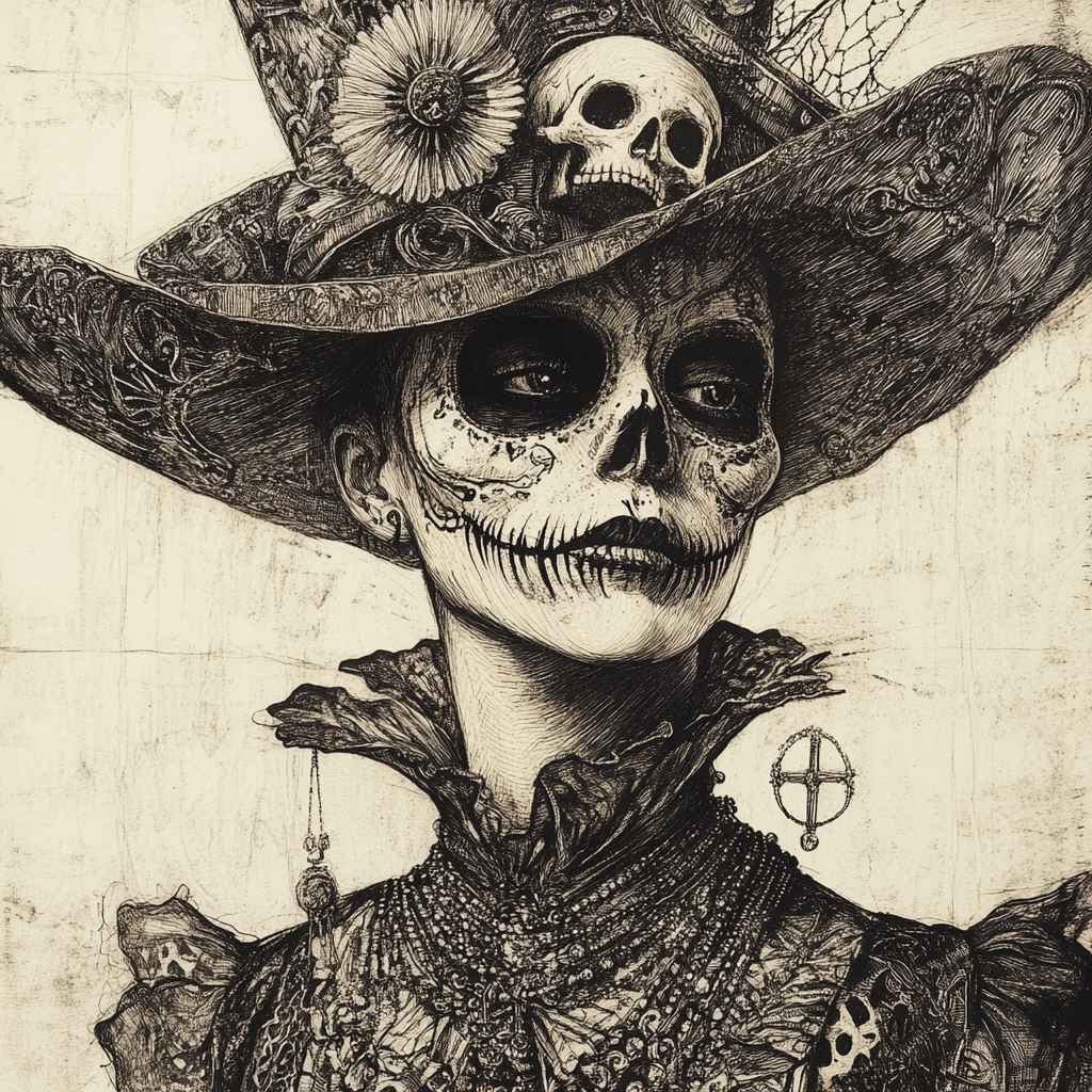 Gothic figure in ornate attire with skull motif