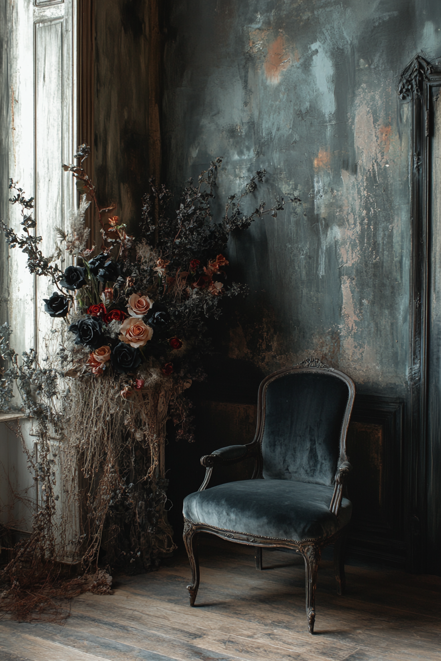 Gothic floral arrangement with black roses and wilted lilies.