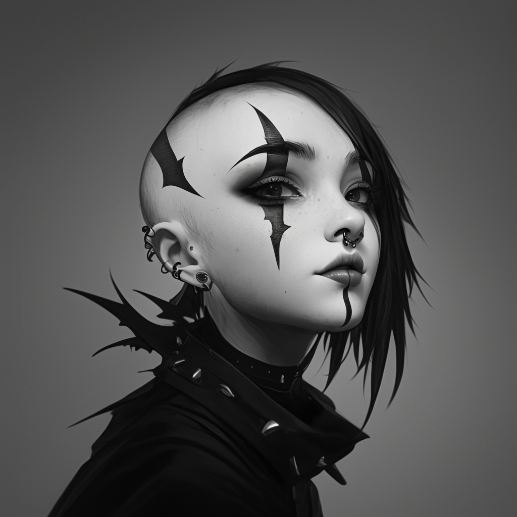 Gothic girl with pale skin, glowing eyes, sharp teeth.