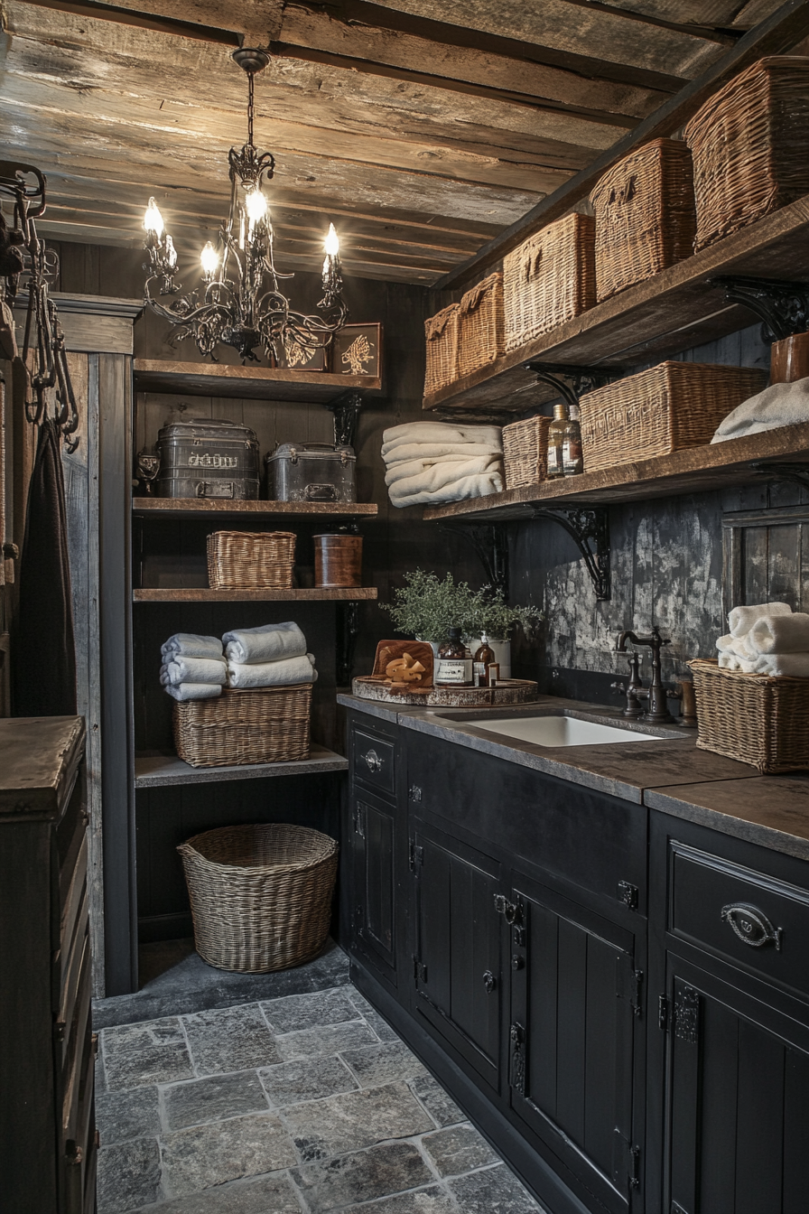 Gothic laundry room with steel cabinets, iron fixtures, chandelier.