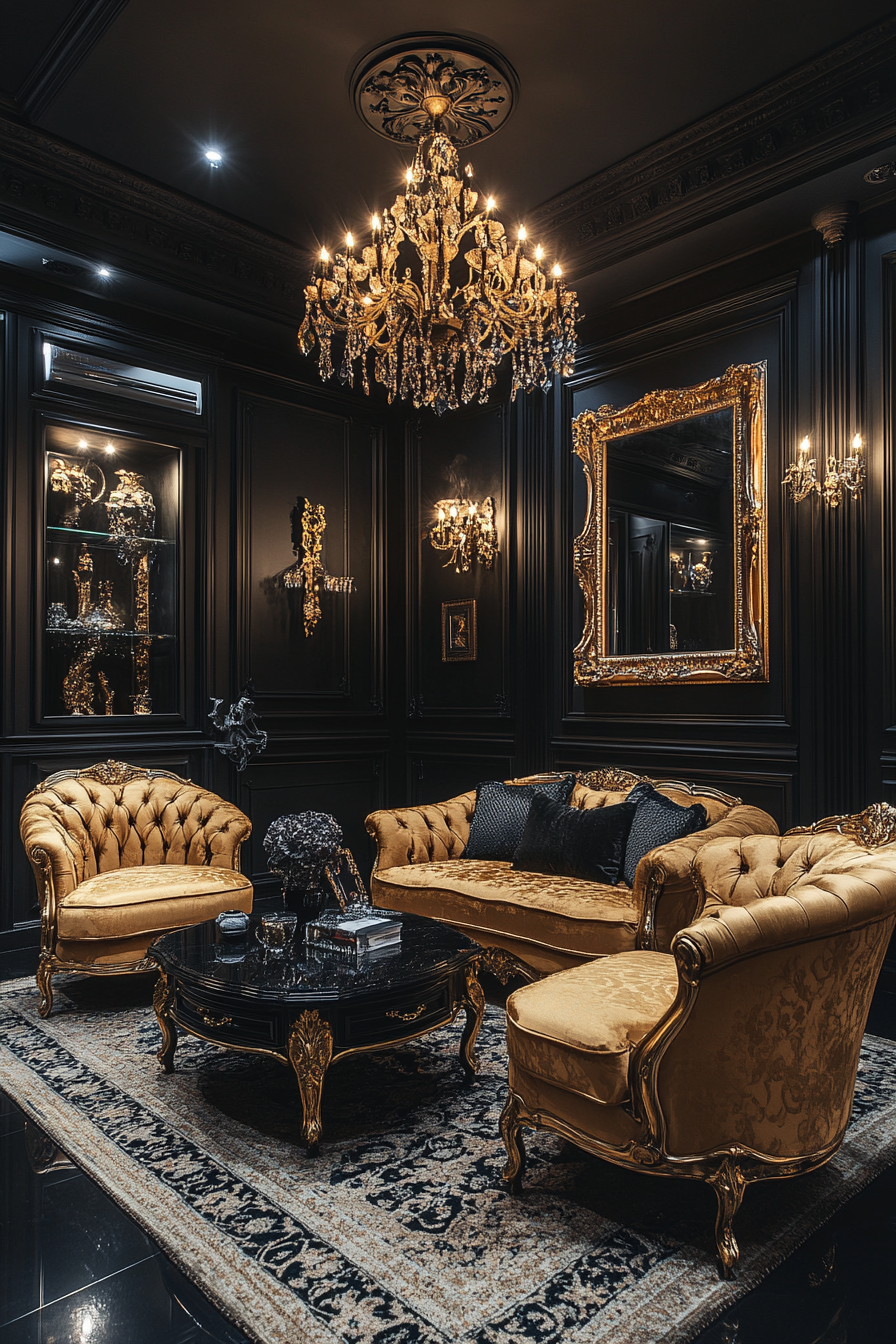 Gothic living room with opulent gold accents and lighting.