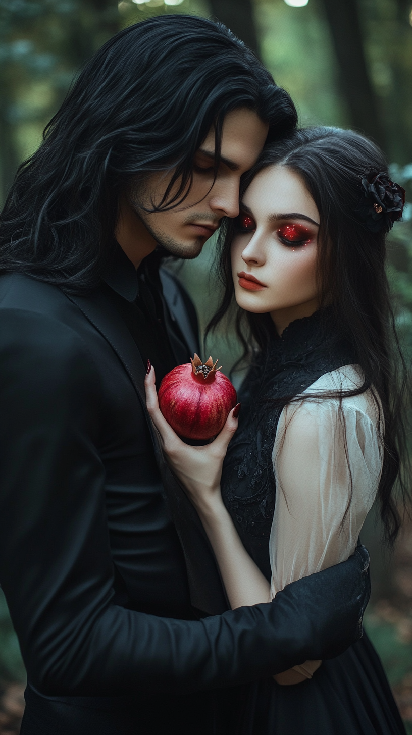 Gothic man and innocent woman with pomegranate in woods.