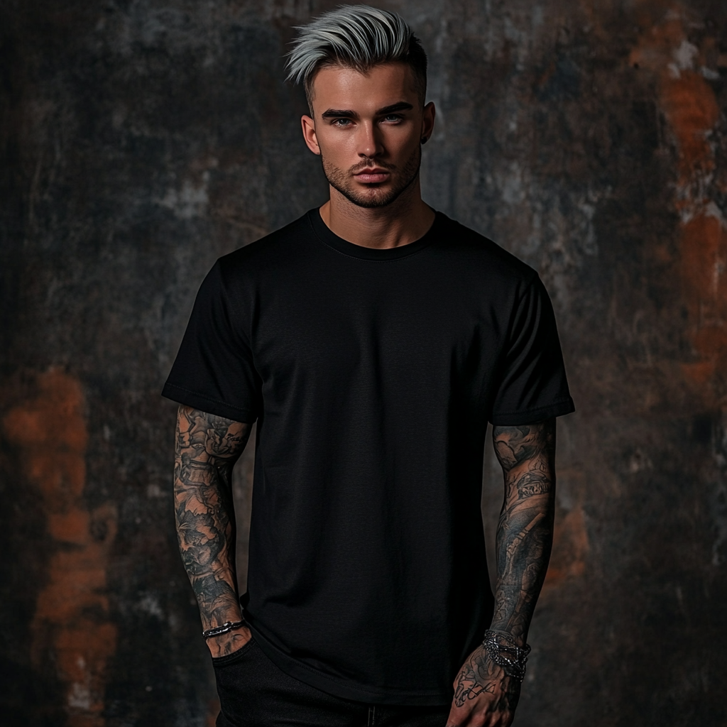 Gothic man in black T-shirt mockup, tattooed arms. Textured fabric.