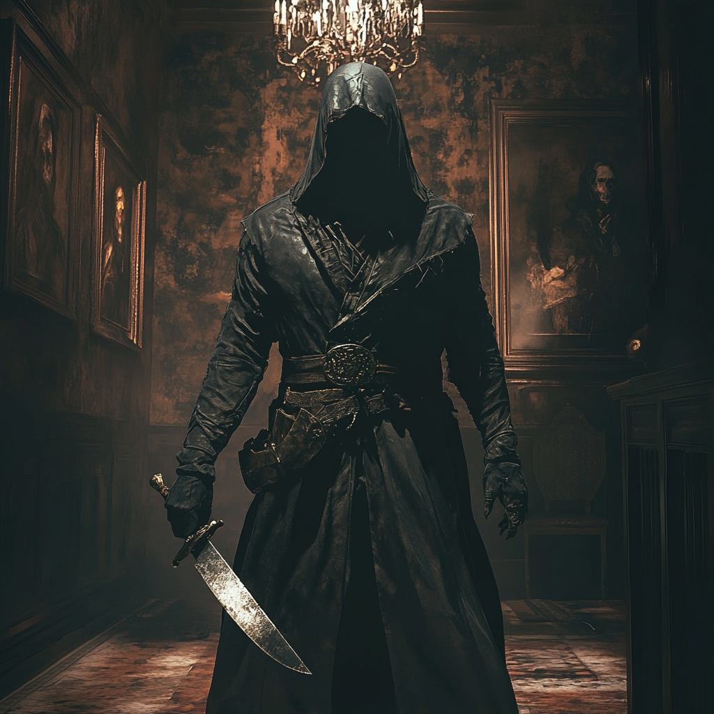 Gothic murderer with knife in spooky Victorian room.