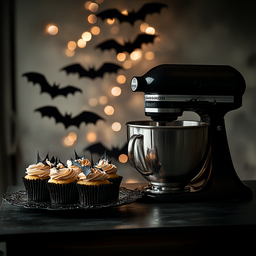 Gothic steampunk mixer with haunted cupcakes and bats