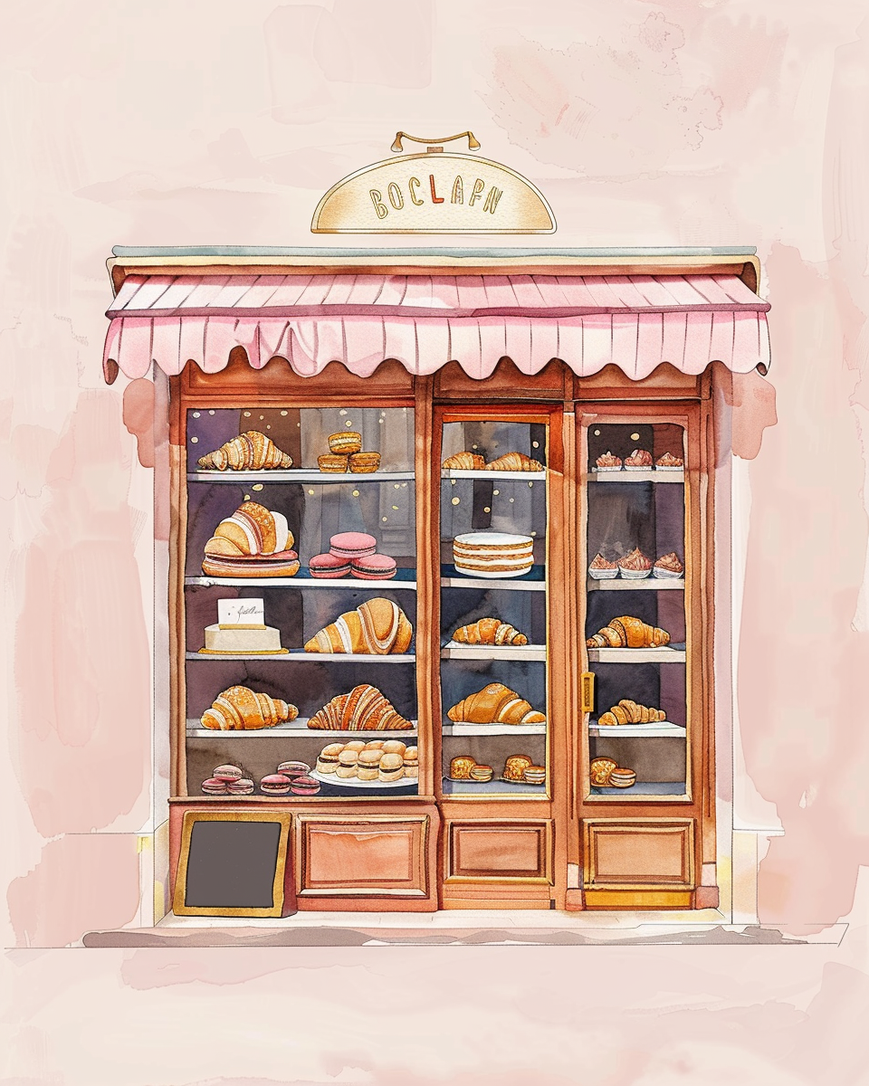 Gouache illustration of Parisian bakery with pastries in window.