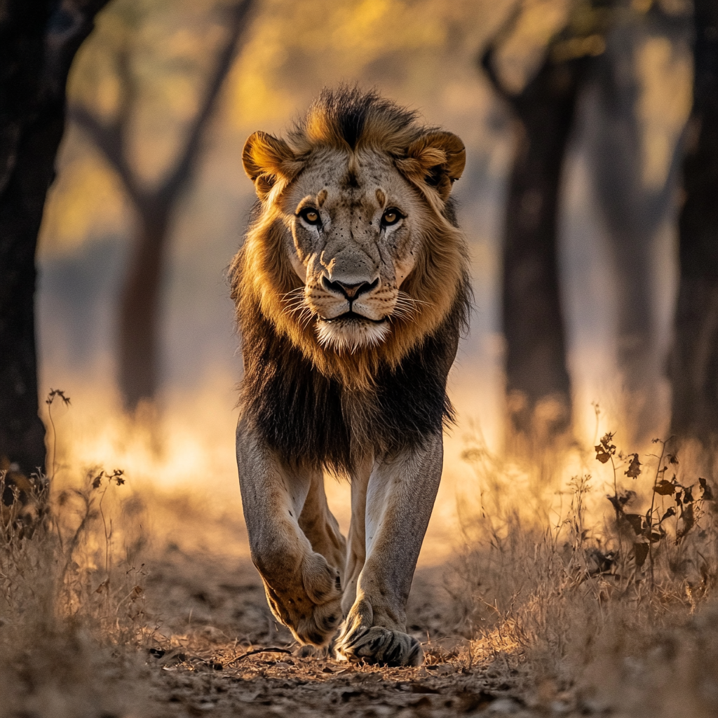 Gouache painting of Asiatic lion in Gir National Park