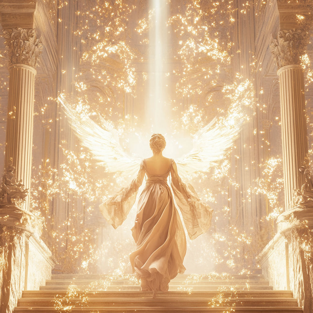 Graceful, empowering scene depicts divine femininity and beauty.