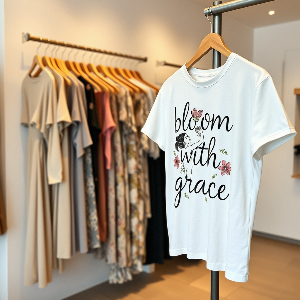 Graceful Bloom T-shirt displayed in simple store.