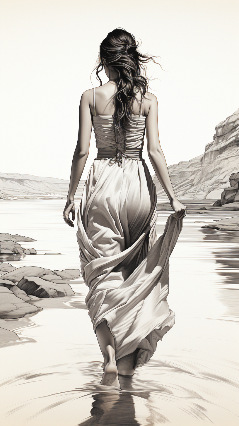 Graceful Maiden in Sun Dress Walking in Water