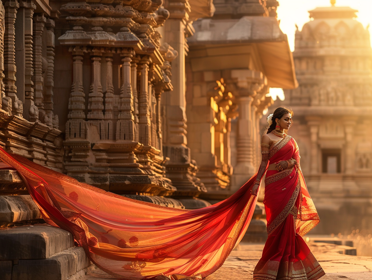 Graceful Woman in Red and Gold Saree at Temple