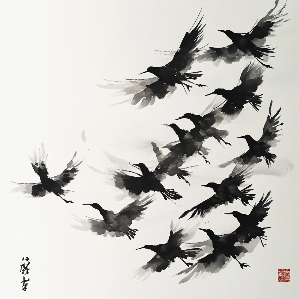 Graceful birds in minimalistic black and white flight