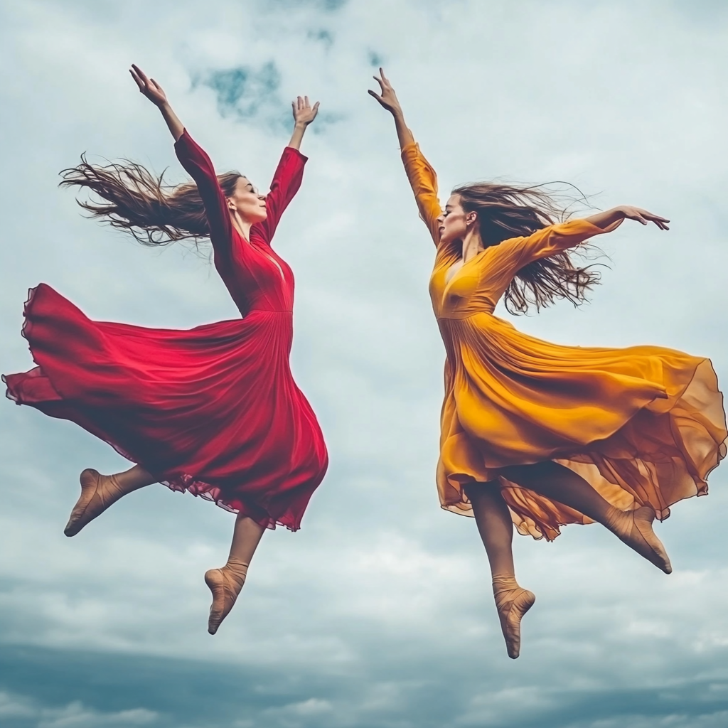 Graceful dancers in synchronized jump - mesmerizing performance.