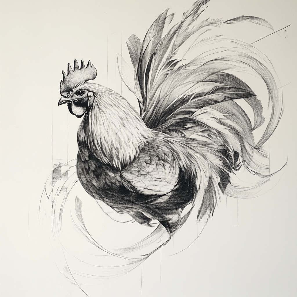 Graceful rooster mid-strut, expressive pencil drawing.