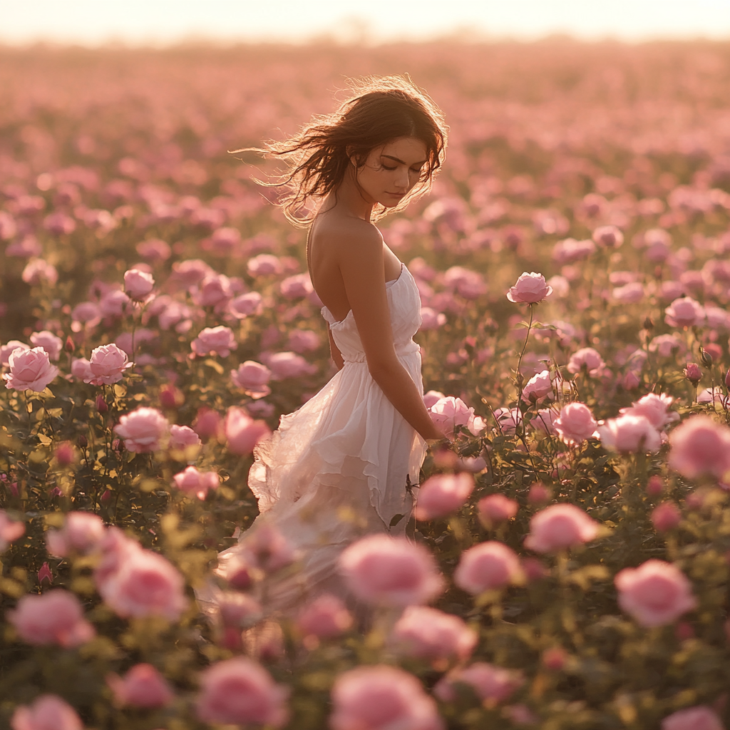 Graceful woman in vast rose field at dawn 