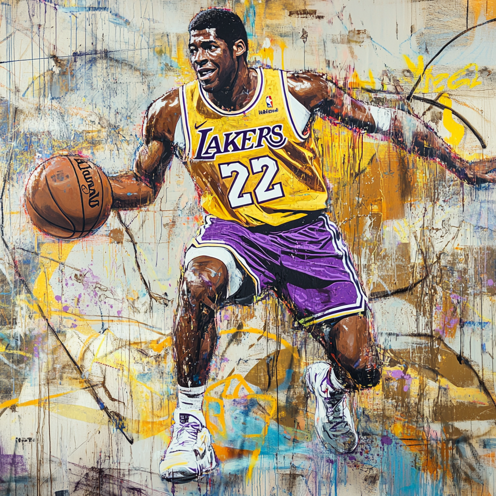 Graffiti mural of Magic Johnson in Lakers jersey.