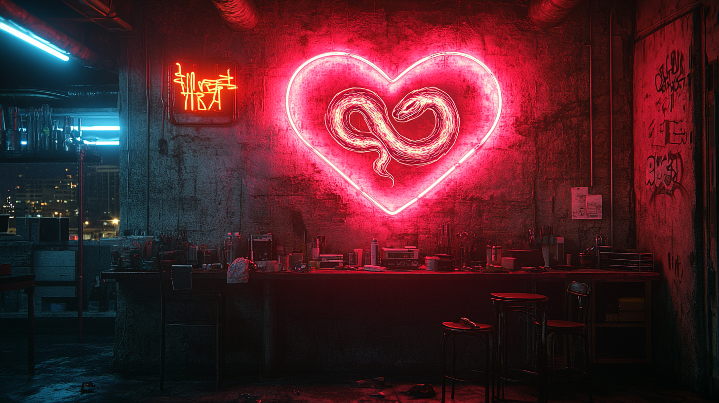 Graffiti of snakes forming heart, neon lights, concrete wall.