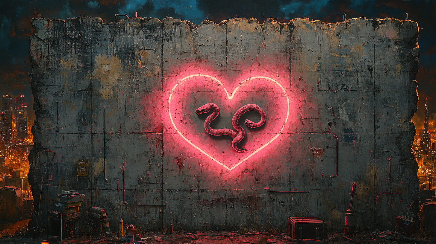 Graffiti of snakes forming heart border on concrete wall.