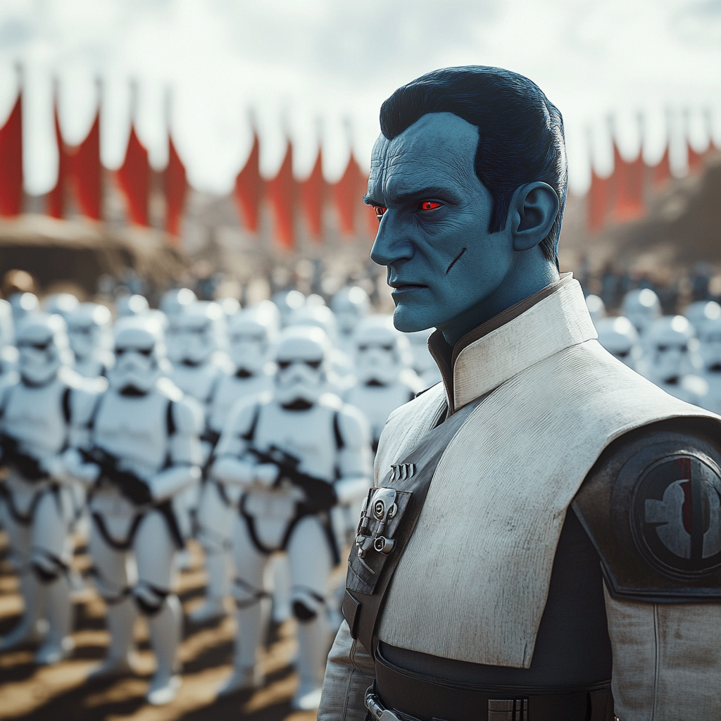 Grand Admiral Thrawn Addressing Chiss Warriors on Barren Planet