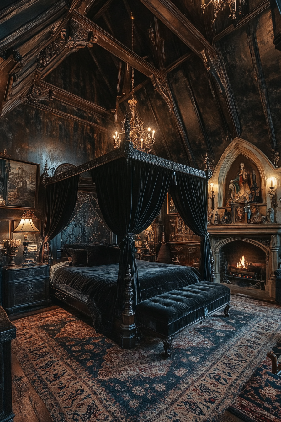 Grand Gothic bedroom with rich, dark velvet details.