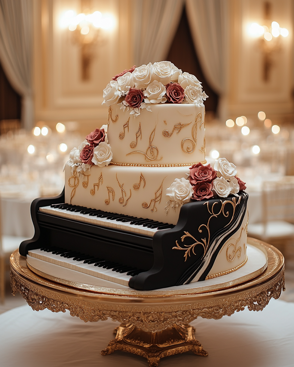 Grand Piano Wedding Cake with Elegant Decor