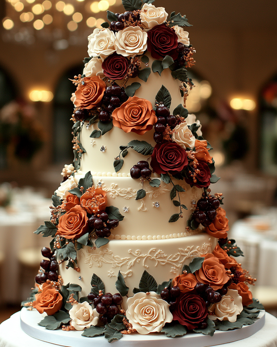 Grand Victorian Wedding Cake with Roses and Gems