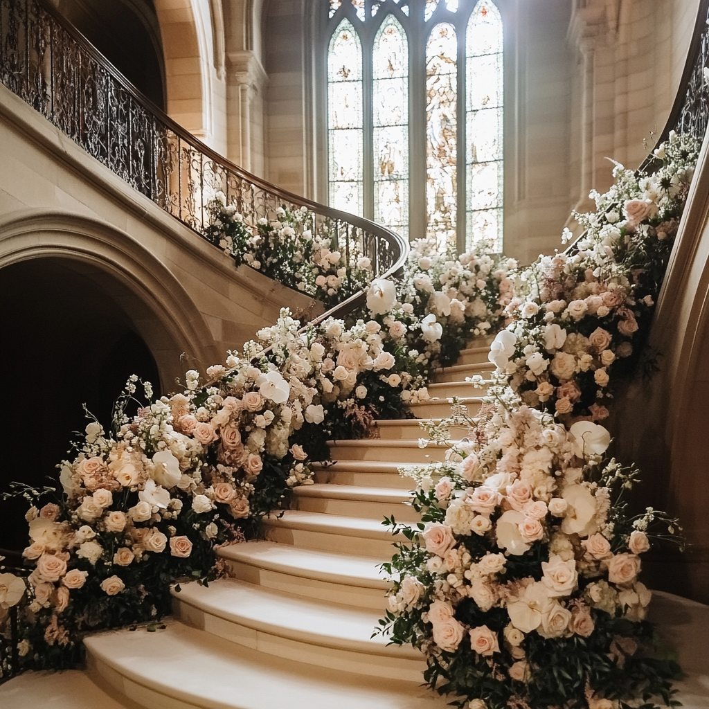 Grand Wedding Scene on Curved Staircase