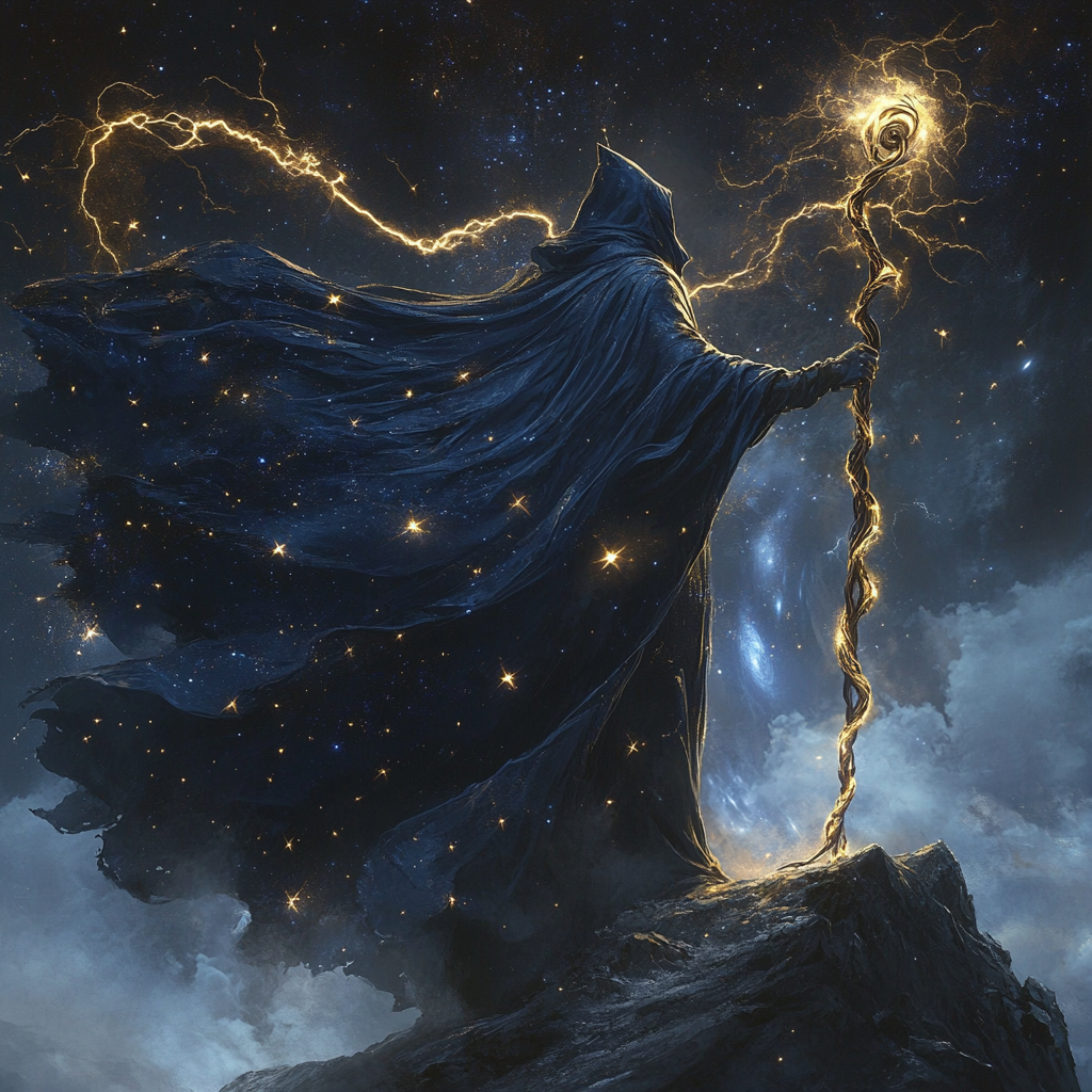 Grand mage in blue and gold robes on mountain.