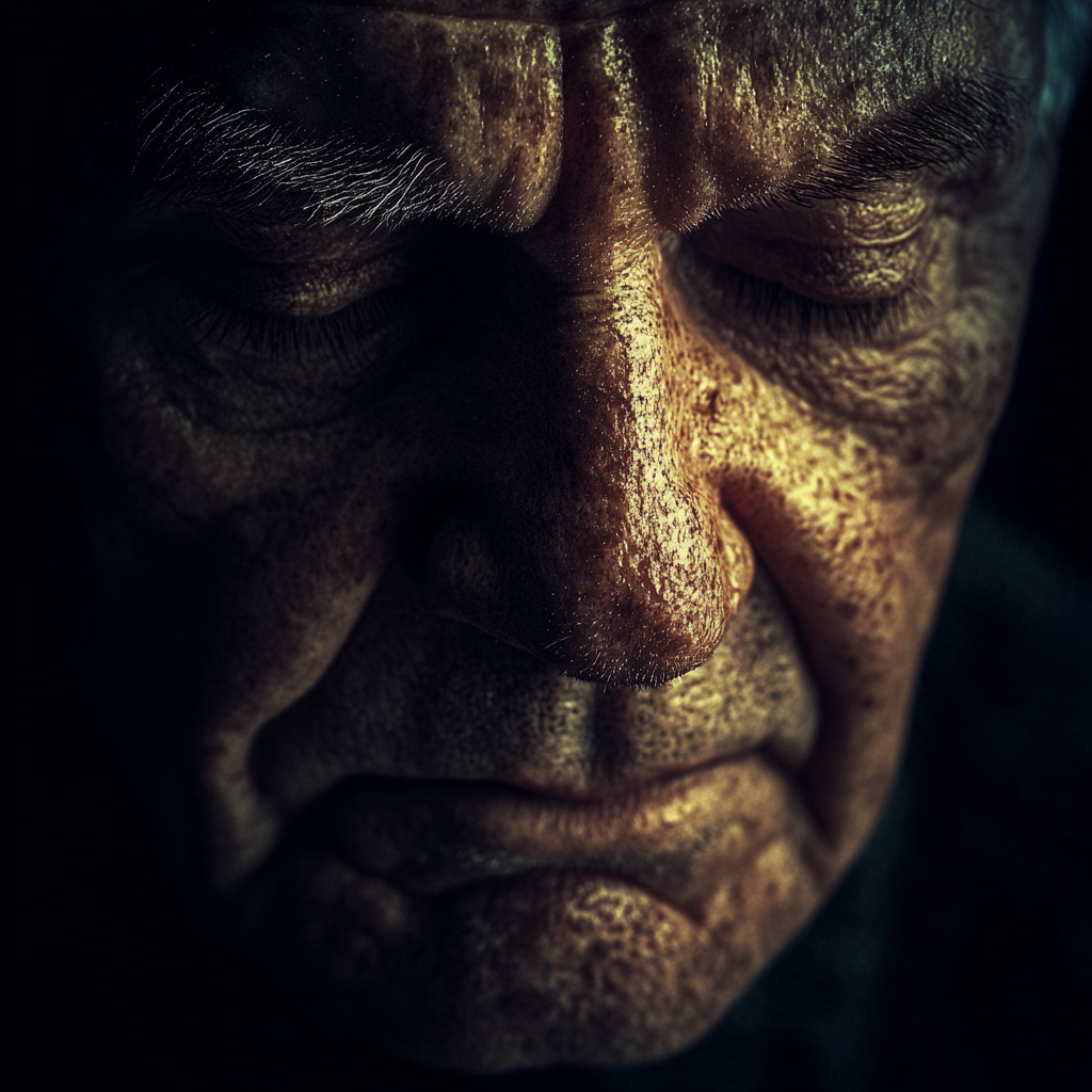 Grandfather's creepy face, closed eyes, Hollywood horror detail.