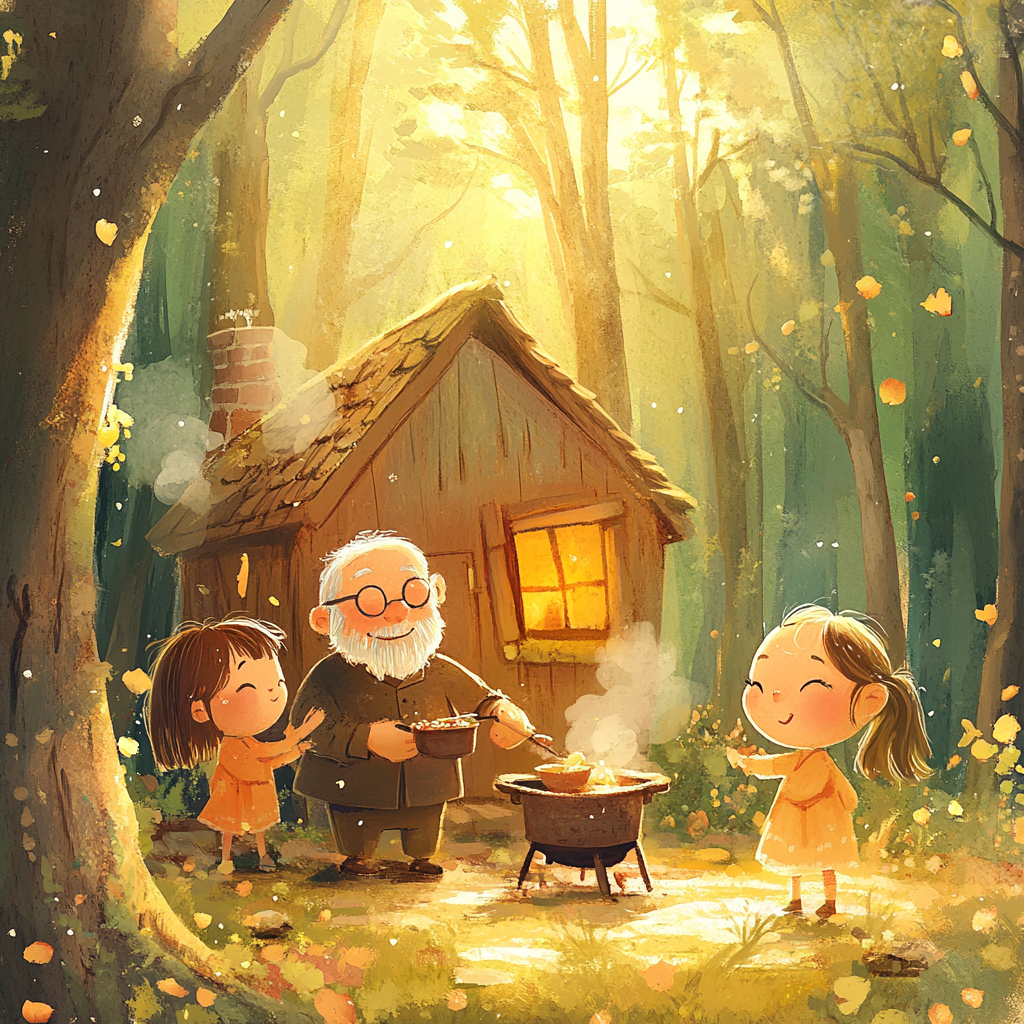 Grandfather cooking for three grandchildren in forest