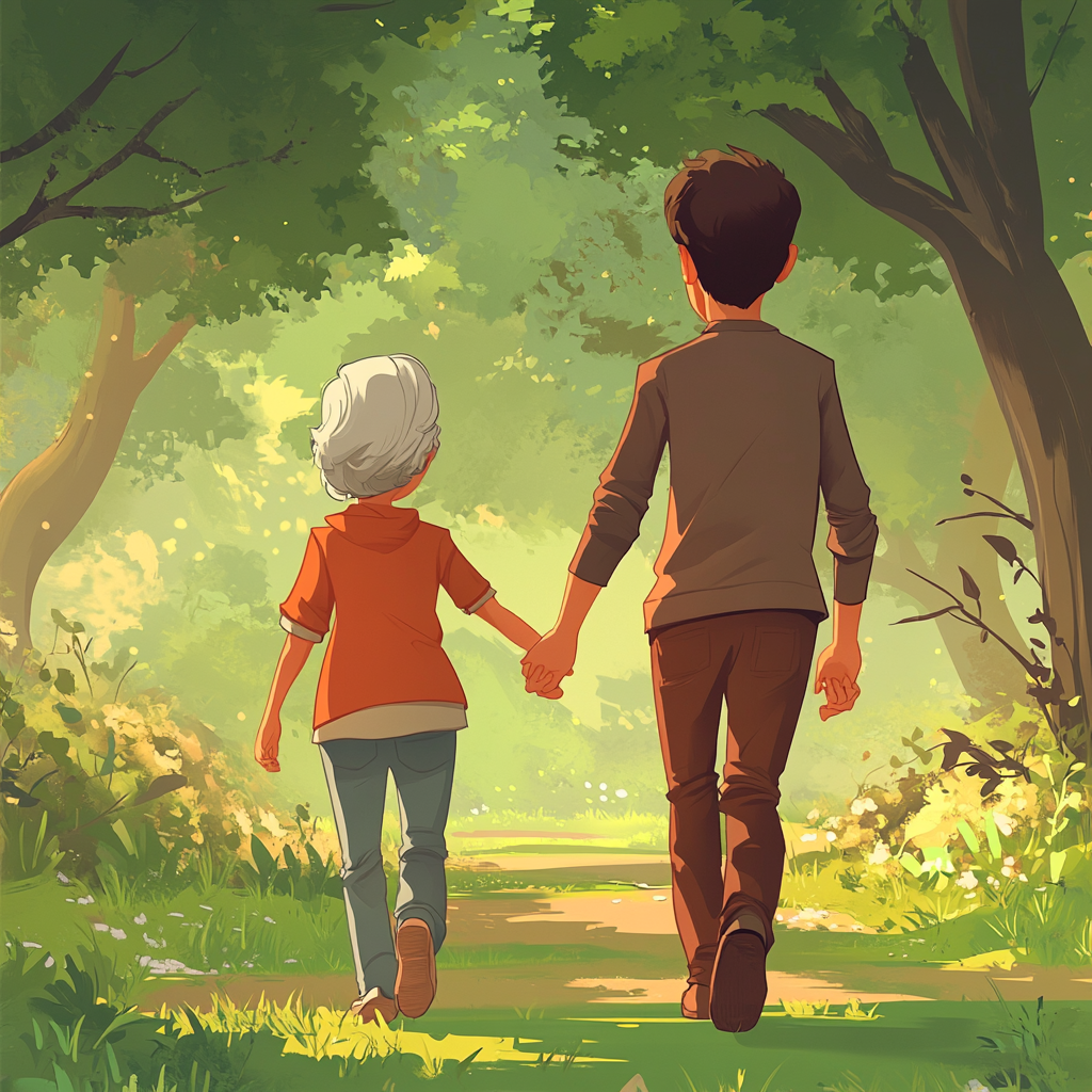 Grandma and grandson happily holding hands in park stroll.