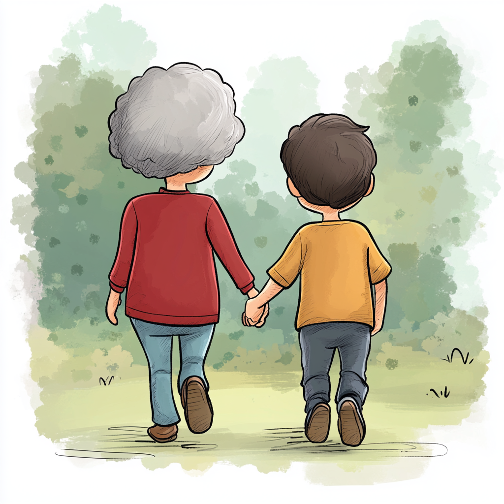 Grandma and grandson walking in park holding hands happily.