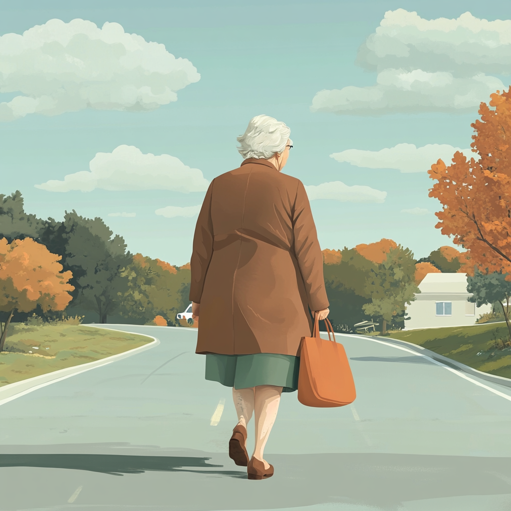 Grandma with Bag Crossing the Road in Art