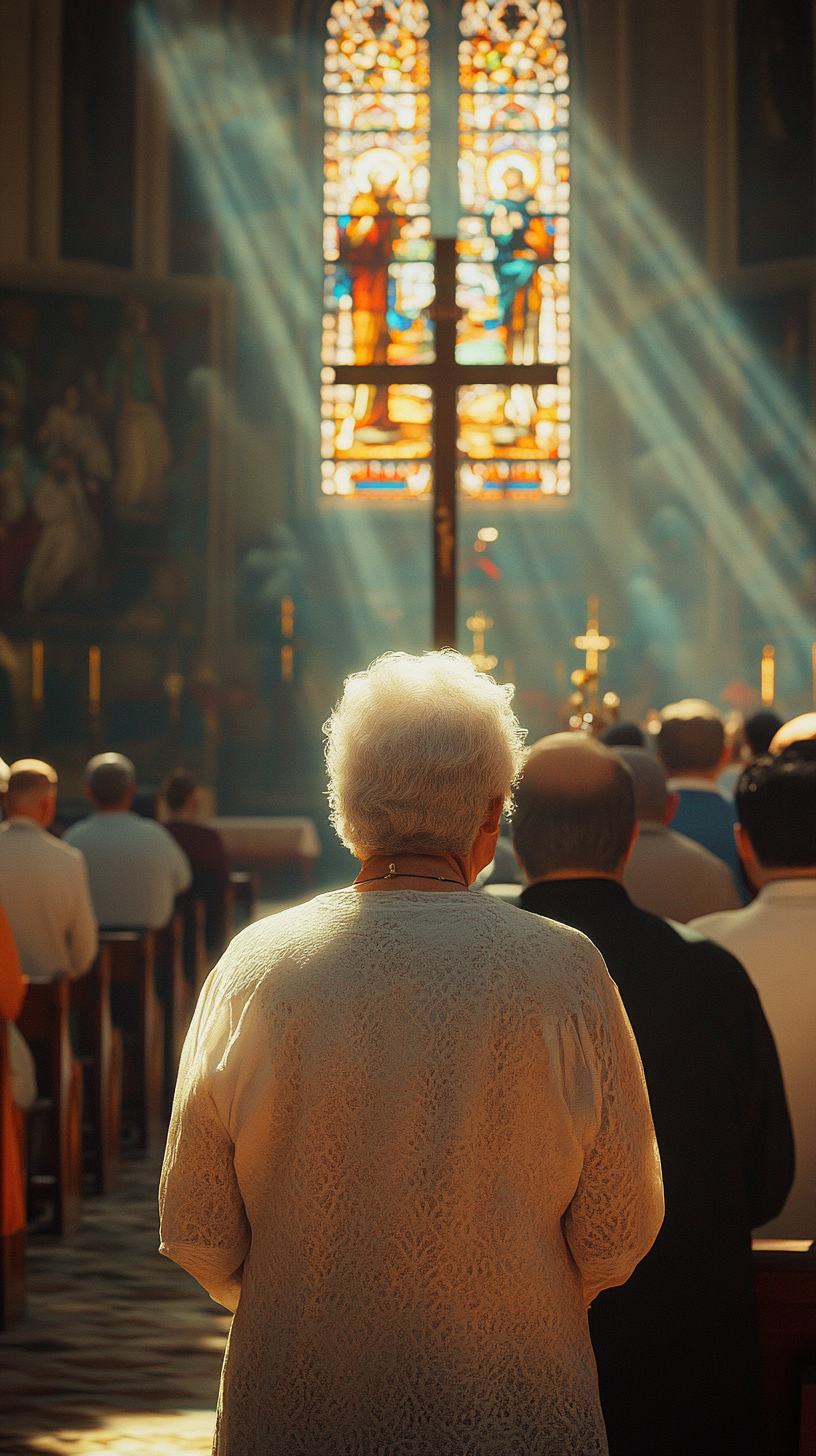 Grandmother Praying in Church Under Warm Sunlight