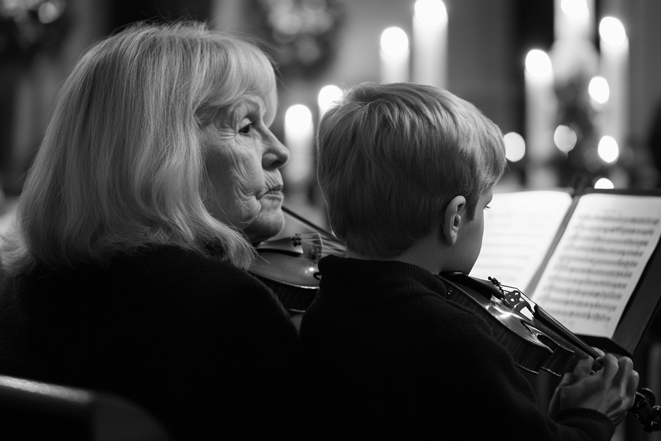 Grandmother and boy enjoy Christmas concert in church sketch