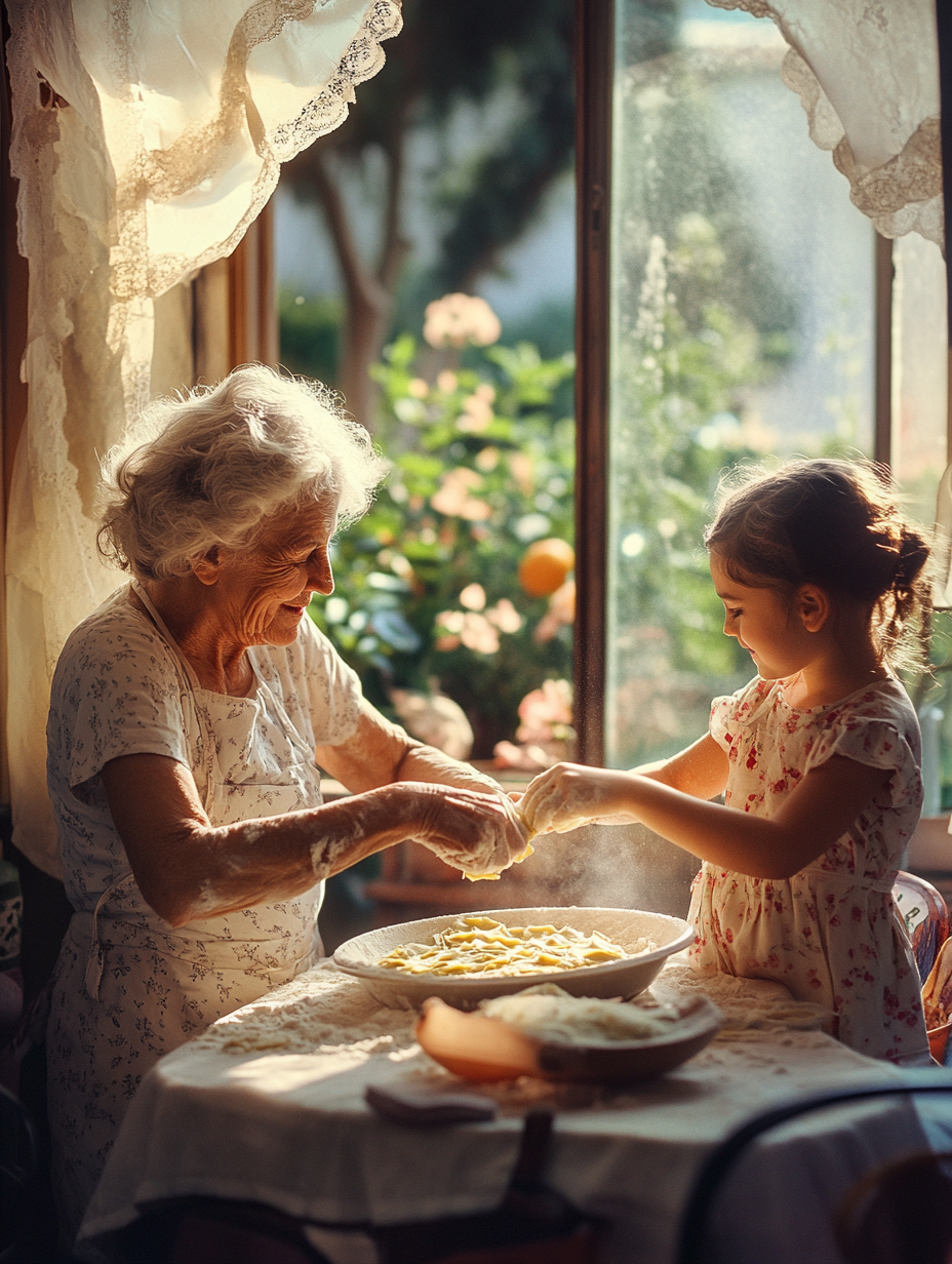 Grandmother and granddaughter make ravioli in sunny kitchen